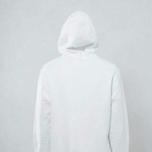 Minimalist back view of a person wearing a white hoodie, ideal for mockup purposes.